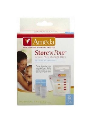 Ameda Store N Pour Milk Storage Bags with 2 Adapters Box/20