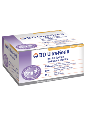 BD 320440 Ultra-Fine Insulin Syringes Short 1/2 unit markings 3/10 cc 8mm x 31G U-100 Box/100