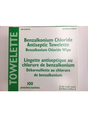 Benzalkonium Chloride (BZK) Antiseptic Towelette Wipes Box/100
