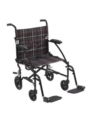 Fly-Lite Aluminum Transport Chair Black Frame and Black/White/Red Plaid Upholstery