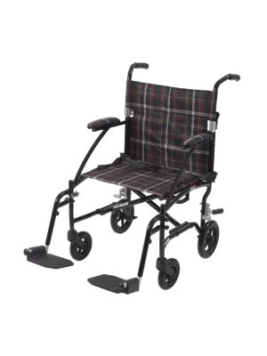 Fly-Lite Aluminum Transport Chair Black Frame with Black, White and Red Plaid Upholstery