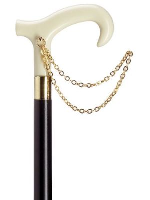 Decorative European Ladies White Ivory Derby Handle Cane With Gold Chain