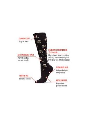 Women's Floral Nylon 15-20 mmHg Graduated Compression Socks Size 9-11 Black