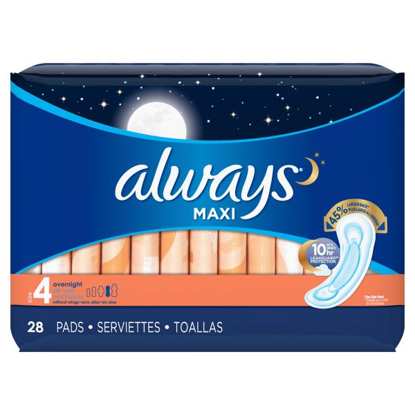Always Maxi Size 4 Overnight Pads Without Wings Unscented Case/168